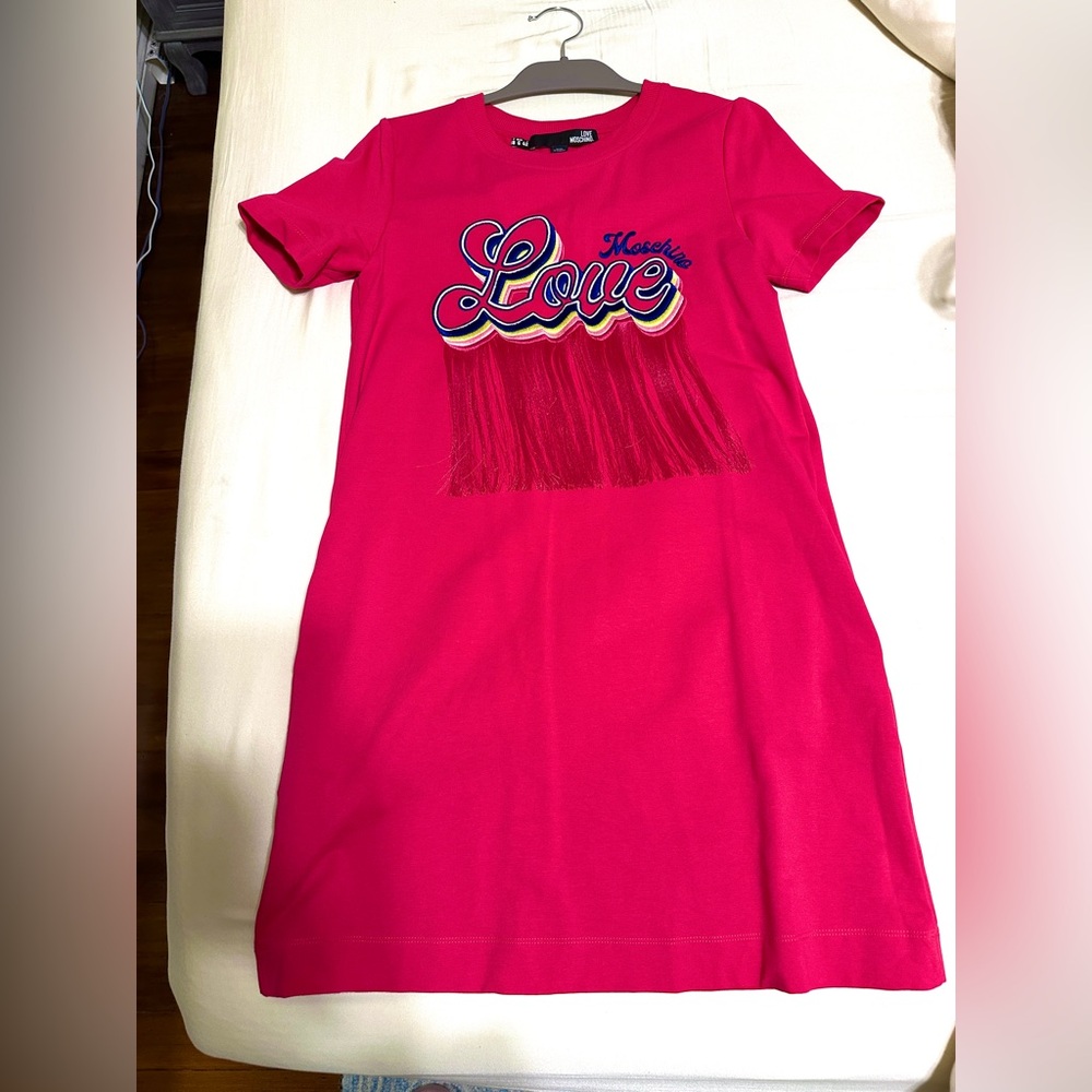 Moschino Love pink cotton dress with embroidery and tassel